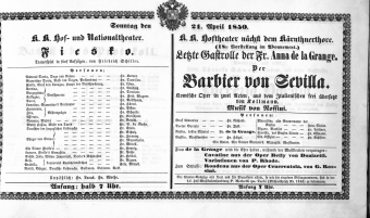 Theaterzettel (Oper und Burgtheater in Wien) 18500421 Seite: 1