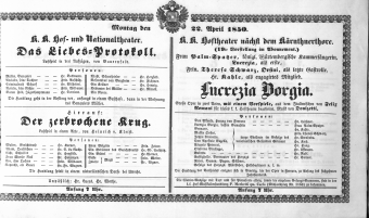 Theaterzettel (Oper und Burgtheater in Wien) 18500422 Seite: 1
