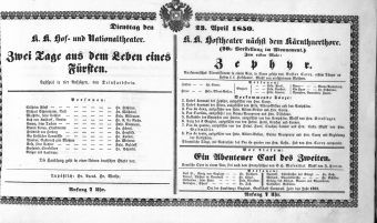 Theaterzettel (Oper und Burgtheater in Wien) 18500423 Seite: 1