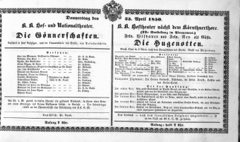 Theaterzettel (Oper und Burgtheater in Wien) 18500425 Seite: 1