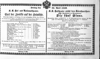 Theaterzettel (Oper und Burgtheater in Wien) 18500426 Seite: 1
