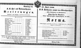 Theaterzettel (Oper und Burgtheater in Wien) 18500427 Seite: 1