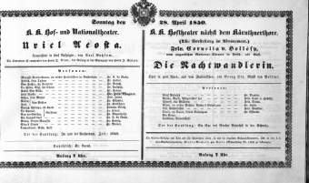 Theaterzettel (Oper und Burgtheater in Wien) 18500428 Seite: 1