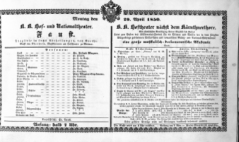 Theaterzettel (Oper und Burgtheater in Wien) 18500429 Seite: 1