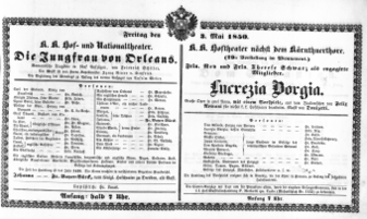 Theaterzettel (Oper und Burgtheater in Wien) 18500503 Seite: 1