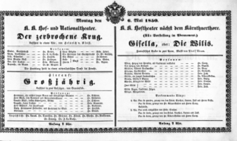 Theaterzettel (Oper und Burgtheater in Wien) 18500506 Seite: 1