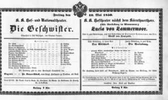 Theaterzettel (Oper und Burgtheater in Wien) 18500510 Seite: 1
