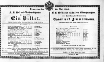 Theaterzettel (Oper und Burgtheater in Wien) 18500516 Seite: 1
