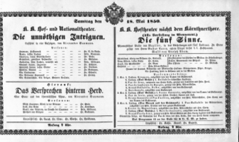 Theaterzettel (Oper und Burgtheater in Wien) 18500518 Seite: 1