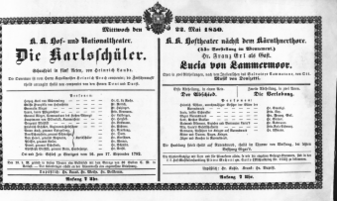 Theaterzettel (Oper und Burgtheater in Wien) 18500522 Seite: 1