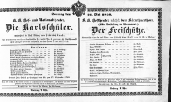 Theaterzettel (Oper und Burgtheater in Wien) 18500526 Seite: 1