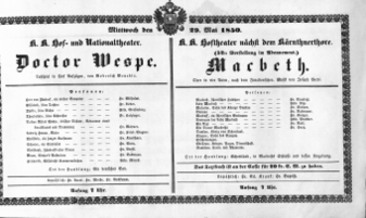 Theaterzettel (Oper und Burgtheater in Wien) 18500529 Seite: 1