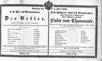 Theaterzettel (Oper und Burgtheater in Wien) 18500601 Seite: 1