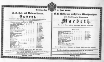 Theaterzettel (Oper und Burgtheater in Wien) 18500602 Seite: 1