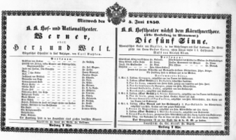 Theaterzettel (Oper und Burgtheater in Wien) 18500605 Seite: 1