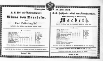 Theaterzettel (Oper und Burgtheater in Wien) 18500610 Seite: 1