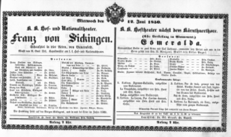 Theaterzettel (Oper und Burgtheater in Wien) 18500612 Seite: 1
