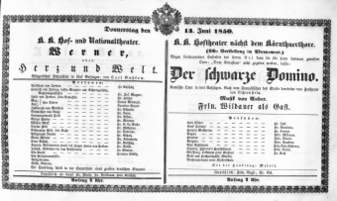 Theaterzettel (Oper und Burgtheater in Wien) 18500613 Seite: 1