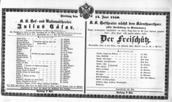 Theaterzettel (Oper und Burgtheater in Wien) 18500614 Seite: 1