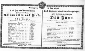 Theaterzettel (Oper und Burgtheater in Wien) 18500616 Seite: 1