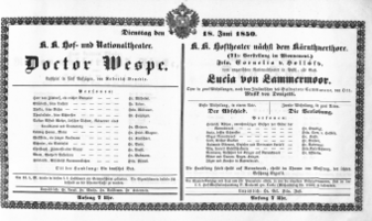Theaterzettel (Oper und Burgtheater in Wien) 18500618 Seite: 1