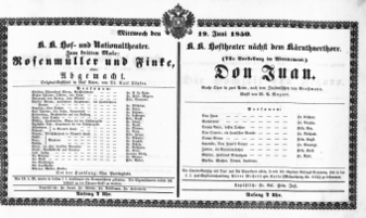 Theaterzettel (Oper und Burgtheater in Wien) 18500619 Seite: 1