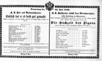 Theaterzettel (Oper und Burgtheater in Wien) 18500620 Seite: 1
