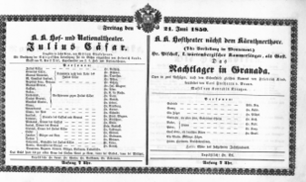 Theaterzettel (Oper und Burgtheater in Wien) 18500621 Seite: 1