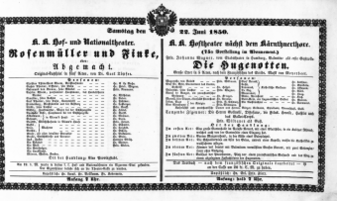 Theaterzettel (Oper und Burgtheater in Wien) 18500622 Seite: 1