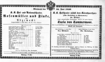 Theaterzettel (Oper und Burgtheater in Wien) 18500626 Seite: 1