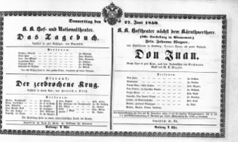Theaterzettel (Oper und Burgtheater in Wien) 18500627 Seite: 1