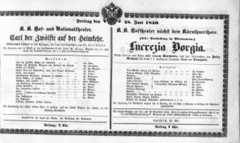 Theaterzettel (Oper und Burgtheater in Wien) 18500628 Seite: 1