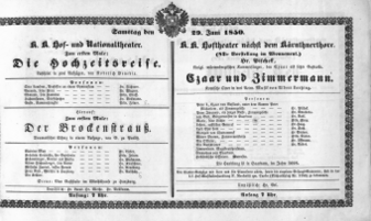 Theaterzettel (Oper und Burgtheater in Wien) 18500629 Seite: 1