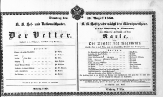 Theaterzettel (Oper und Burgtheater in Wien) 18500813 Seite: 1