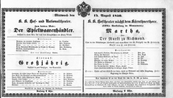 Theaterzettel (Oper und Burgtheater in Wien) 18500814 Seite: 1