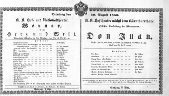 Theaterzettel (Oper und Burgtheater in Wien) 18500820 Seite: 1