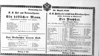 Theaterzettel (Oper und Burgtheater in Wien) 18500829 Seite: 1