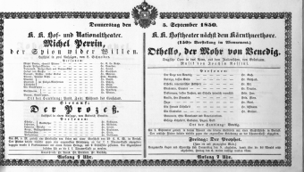 Theaterzettel (Oper und Burgtheater in Wien) 18500905 Seite: 1