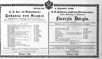 Theaterzettel (Oper und Burgtheater in Wien) 18500906 Seite: 1