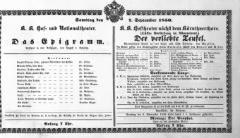 Theaterzettel (Oper und Burgtheater in Wien) 18500907 Seite: 1