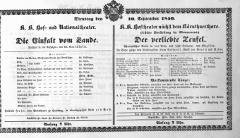 Theaterzettel (Oper und Burgtheater in Wien) 18500910 Seite: 1