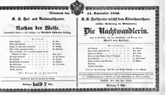 Theaterzettel (Oper und Burgtheater in Wien) 18500911 Seite: 1