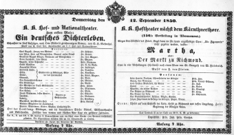 Theaterzettel (Oper und Burgtheater in Wien) 18500912 Seite: 1