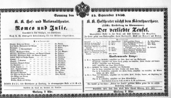 Theaterzettel (Oper und Burgtheater in Wien) 18500915 Seite: 1