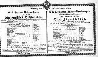 Theaterzettel (Oper und Burgtheater in Wien) 18500916 Seite: 1