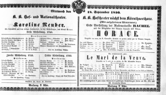 Theaterzettel (Oper und Burgtheater in Wien) 18500918 Seite: 1