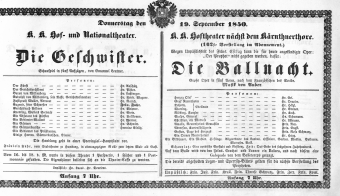 Theaterzettel (Oper und Burgtheater in Wien) 18500919 Seite: 1