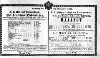 Theaterzettel (Oper und Burgtheater in Wien) 18500921 Seite: 1