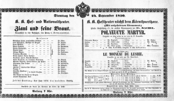 Theaterzettel (Oper und Burgtheater in Wien) 18500924 Seite: 1