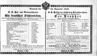 Theaterzettel (Oper und Burgtheater in Wien) 18500925 Seite: 1